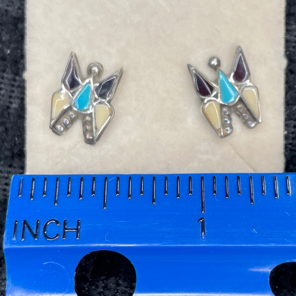 Vintage Zuni Silver Inlay Turquoise/Onyx/Mother of Pearl Butterfly Earrings - Picture 3 of 6